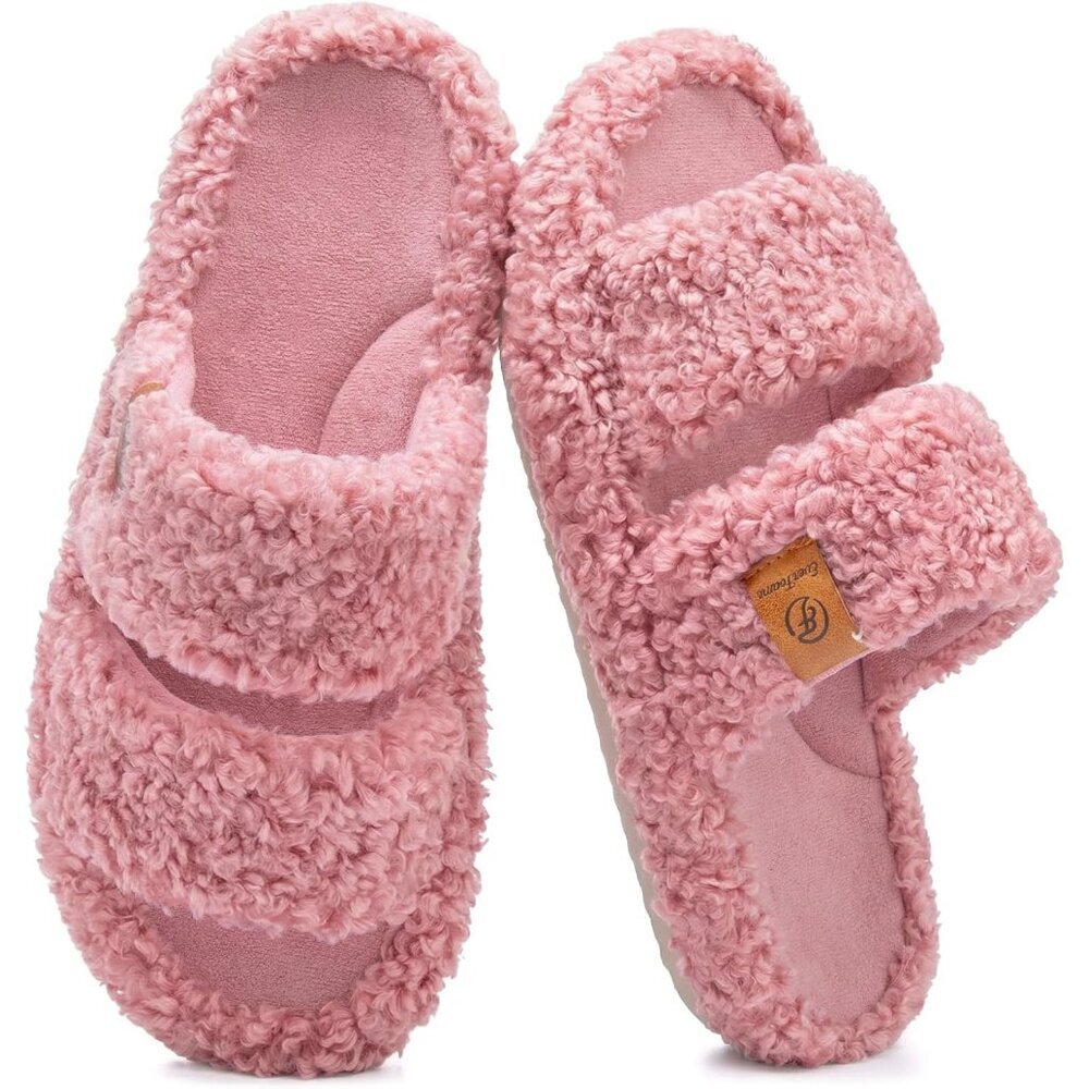 Womens EverFoams  Fuzzy Open-toe Memory Soft Comfy Slippers House Shoes Pink